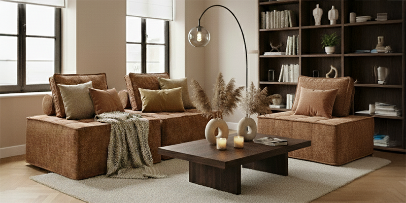 Divano modulare in tessuto con tavolo da salotto centrale in legno